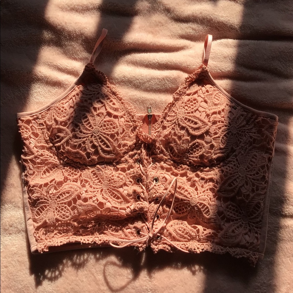 Pink floral zip/tie crop top